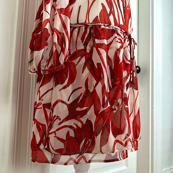 NWT Mango Suiting Red Floral V-Neck Sheer Long Sleeve Tunic Dress, Size 8 US - Picture 7 of 13